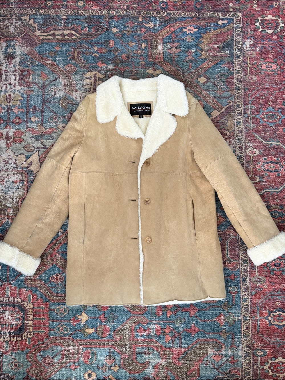 Vintage Wilson’s Tan 100% Genuine Leather Coat with Cream Shearling Trim